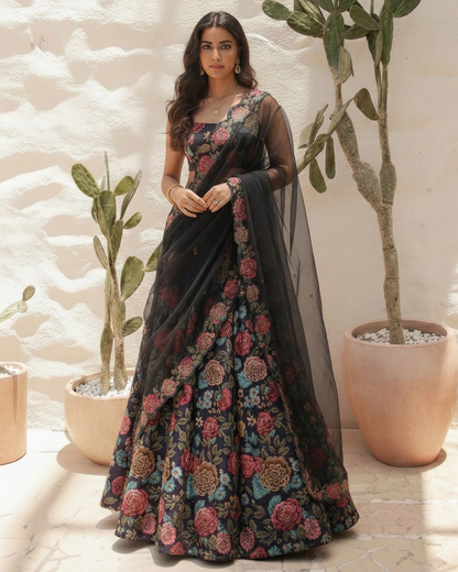 Woman wearing a floral saree with a neutral background