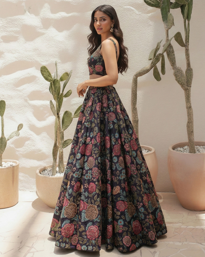 Woman in a floral dress standing in front of decorative plants.
