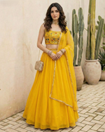 Yellow Georgette Lehenga Choli With Blouse & Dupatta For Indian & Pakistani Wedding Festival - Mirror With Dori & Thread Embroidery Work
