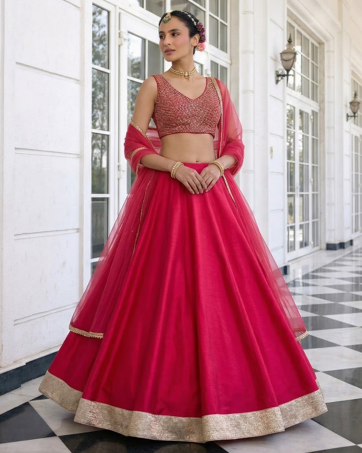 Woman in a red traditional outfit standing in a well-lit room with large windows.
