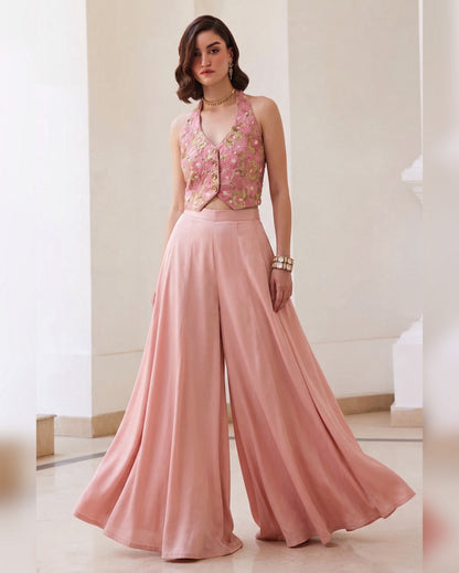 Blush Pink Silk Plazo Suit With Waistcost For Indian & Pakistani Wedding Festival & Party - Thread & Sequence Work
