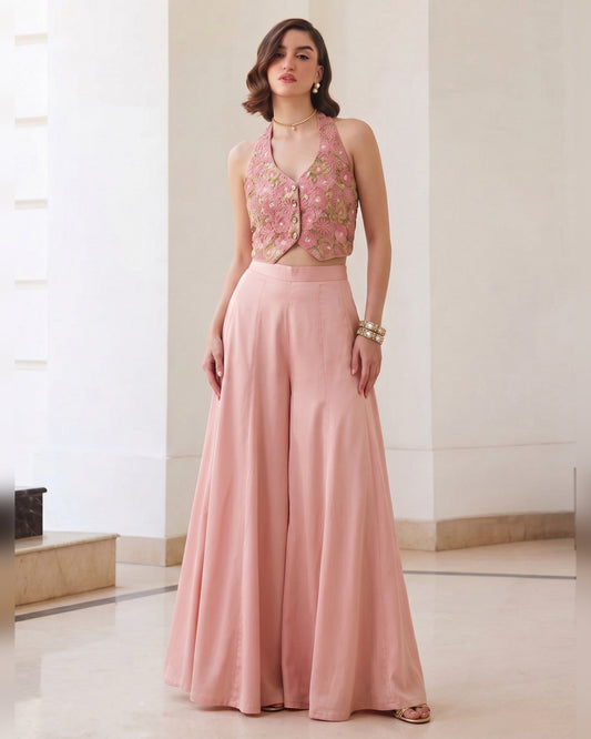 Blush Pink Silk Plazo Suit With Waistcost For Indian & Pakistani Wedding Festival & Party - Thread & Sequence Work
