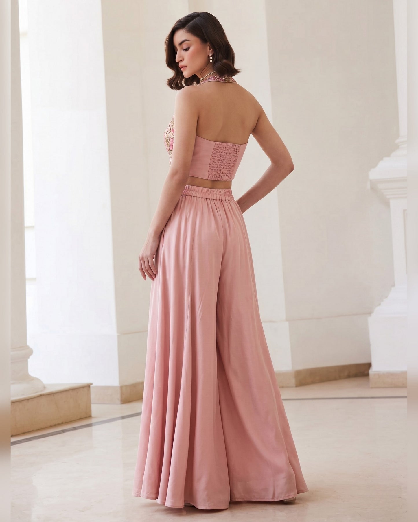 Blush Pink Silk Plazo Suit With Waistcost For Indian & Pakistani Wedding Festival & Party - Thread & Sequence Work