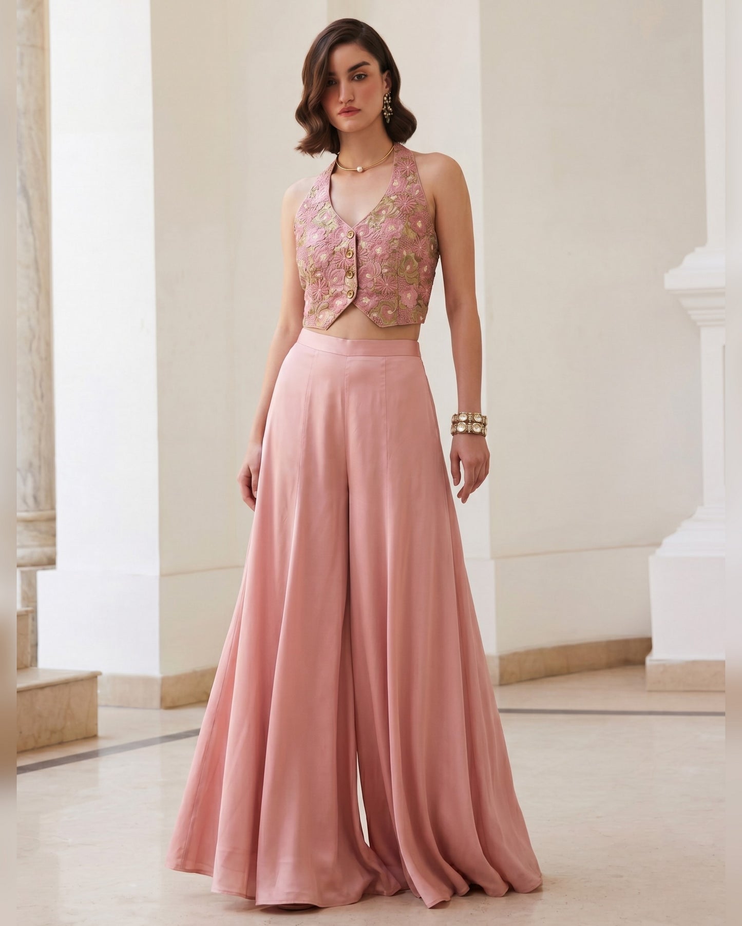 Blush Pink Silk Plazo Suit With Waistcost For Indian & Pakistani Wedding Festival & Party - Thread & Sequence Work