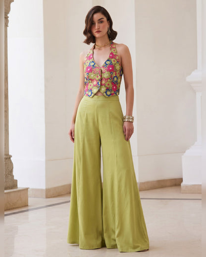 Green Silk Plazo Suit With Waistcost For Indian & Pakistani Wedding Festival & Party - Thread & Sequence Work