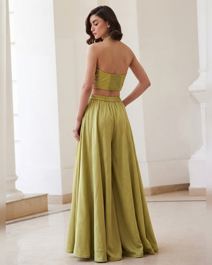 Green Silk Plazo Suit With Waistcost For Indian & Pakistani Wedding Festival & Party - Thread & Sequence Work