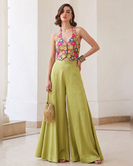 Green Silk Plazo Suit With Waistcost For Indian & Pakistani Wedding Festival & Party - Thread & Sequence Work