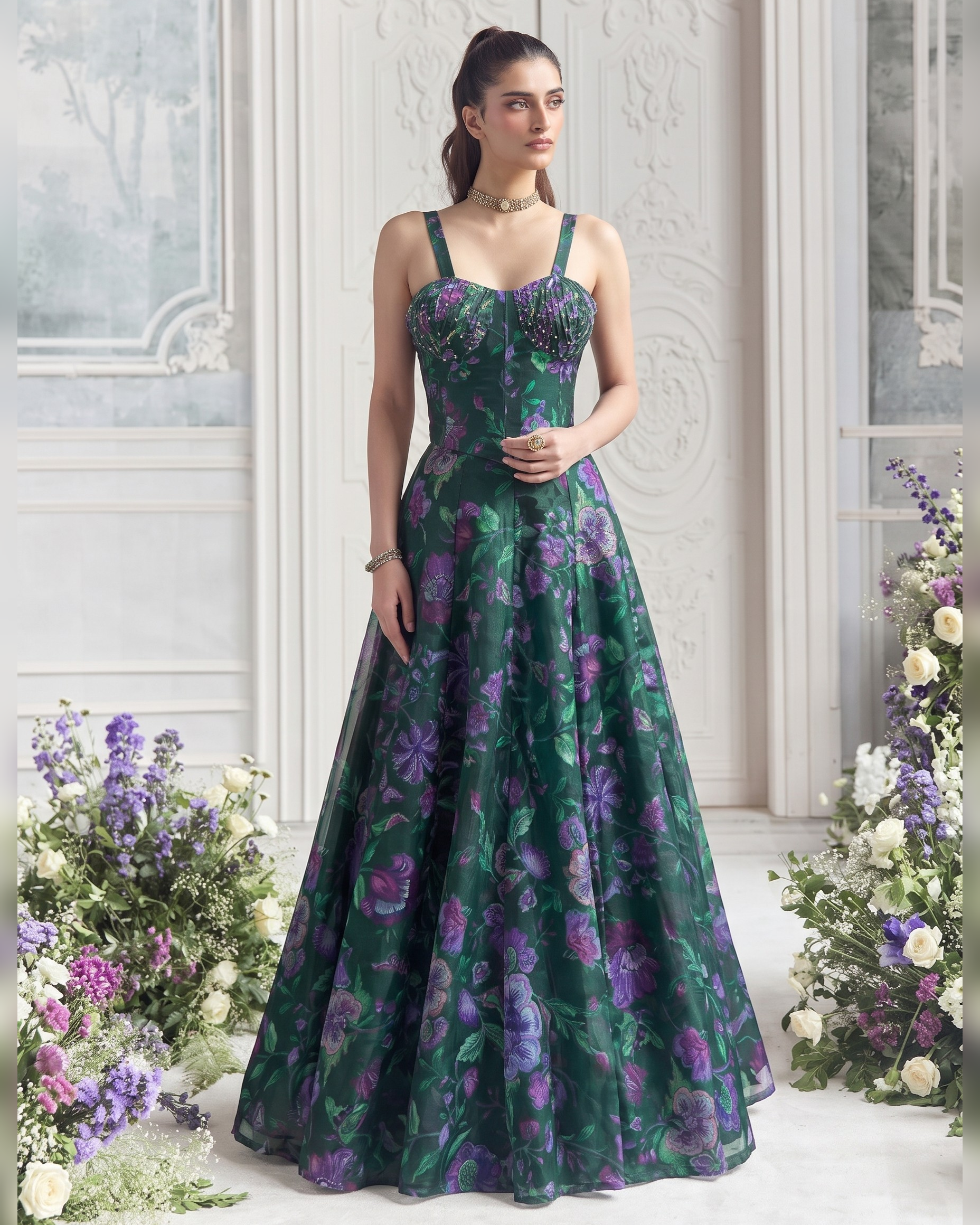 A woman models a floor-length formal gown with a green base and purple floral pattern, standing in an ornate white interior with floral arrangements at her sides.