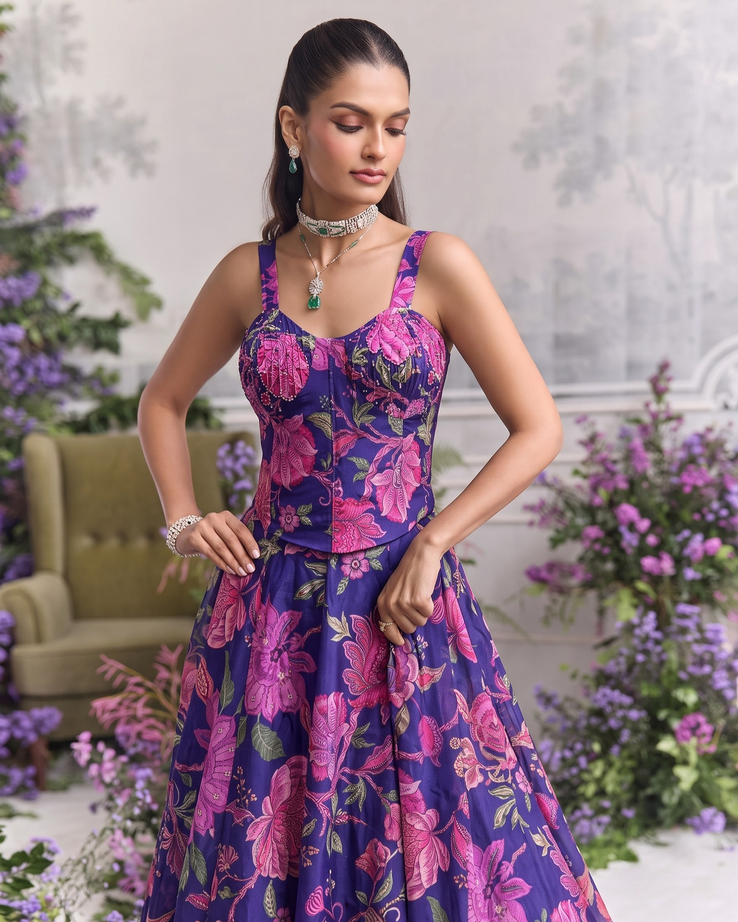 A woman models a sleeveless A-line formal gown with a purple base and a vibrant pink floral pattern, set against a softly blurred indoor garden backdrop.