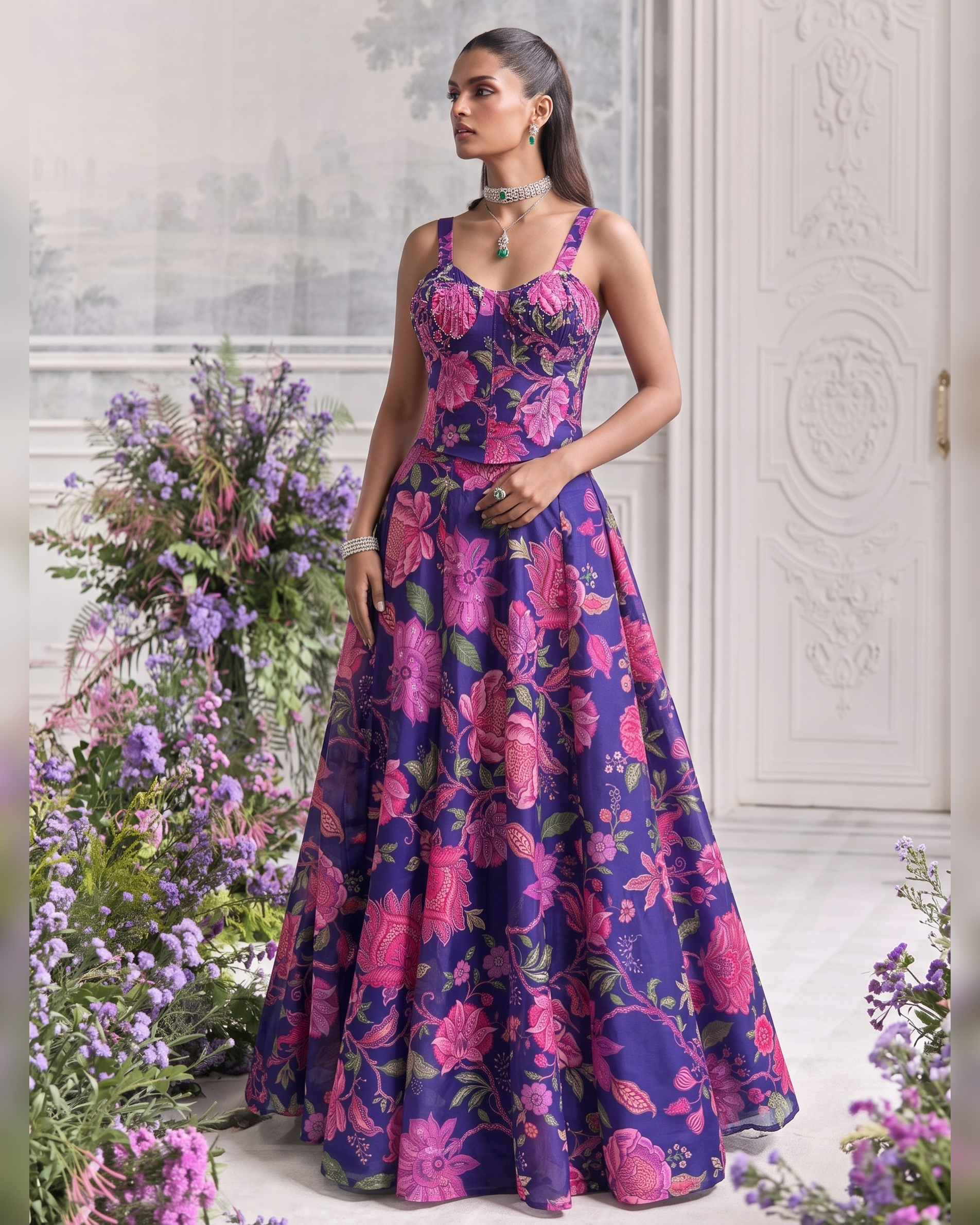 A woman models a sleeveless A-line evening gown with a vibrant floral print. The dress features a deep V-neckline, a fitted bodice, and a full, flowing skirt.