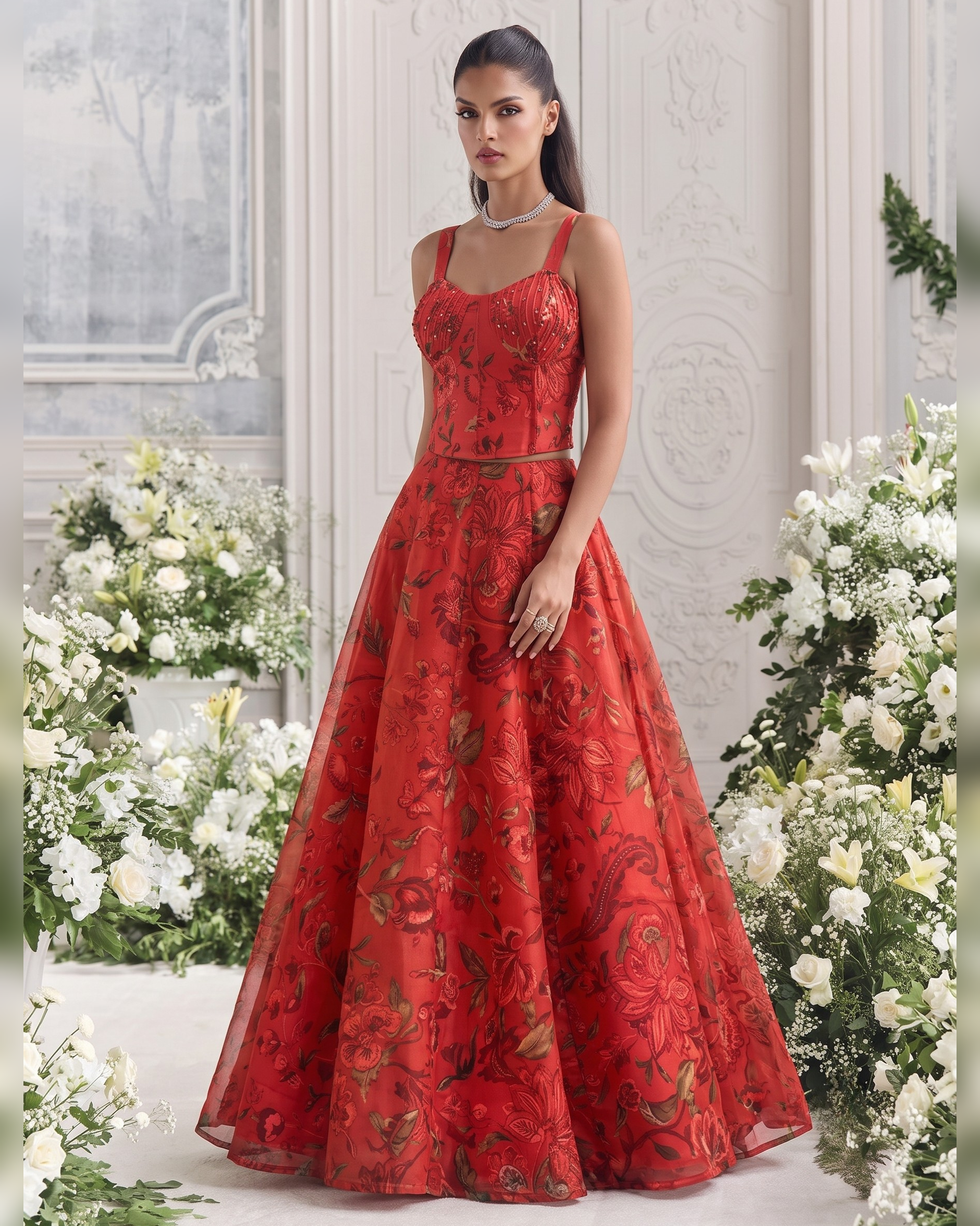 A woman stands in a grand interior wearing a voluminous red evening gown with floral embroidery and thin straps. The room has ornate white walls, large flower arrangements, and a light floor.