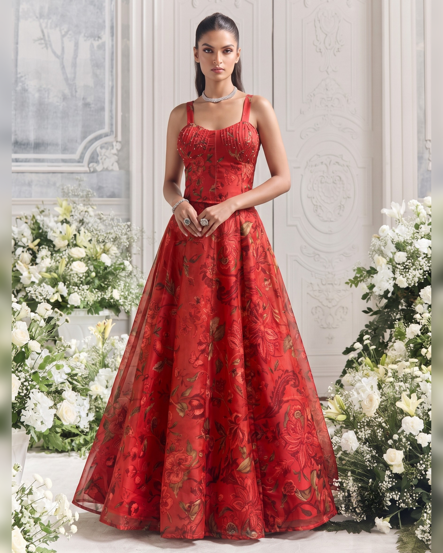 A woman stands in a grand interior wearing a voluminous red ball gown with metallic gold floral embroidery. The dress features thin straps, a fitted bodice, and a full skirt.