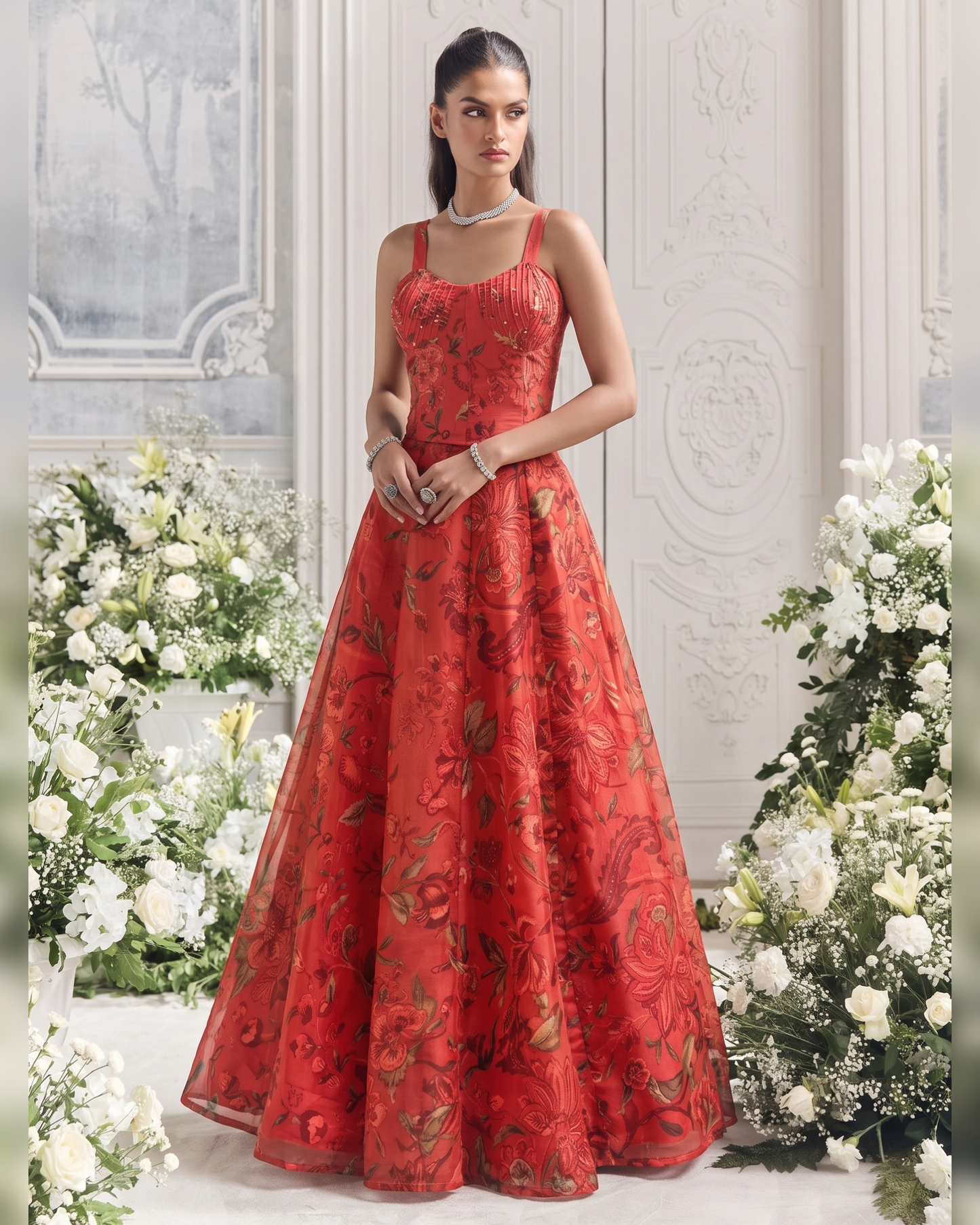 A woman stands in a grand ballroom wearing a red sleeveless A-line gown with a floral pattern and sheer mesh overlay. The dress features a fitted bodice and a full skirt.