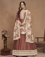 Brown Art Silk Anarkali Suit With Dupatta For Indian & Pakistani Wedding Festival - Thread Sequence Work