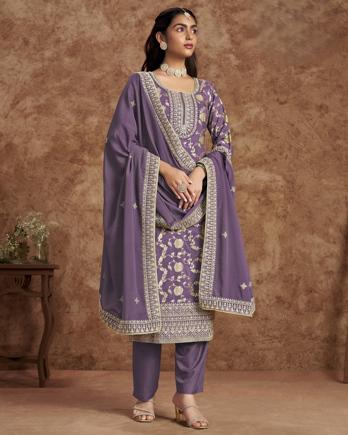 Lavender Jacquard Salwar Suit With Kameez & Dupatta For Indian & Pakistani Wedding Festival - Dori Thread Sequence Work