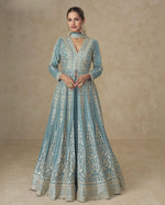 Aqua Blue Chinon Silk Anarkali For Indian & Pakistani Wedding Festival - Thread & Sequence Embroidery