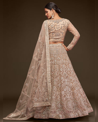 Woman wearing a traditional embroidered outfit with a brown background