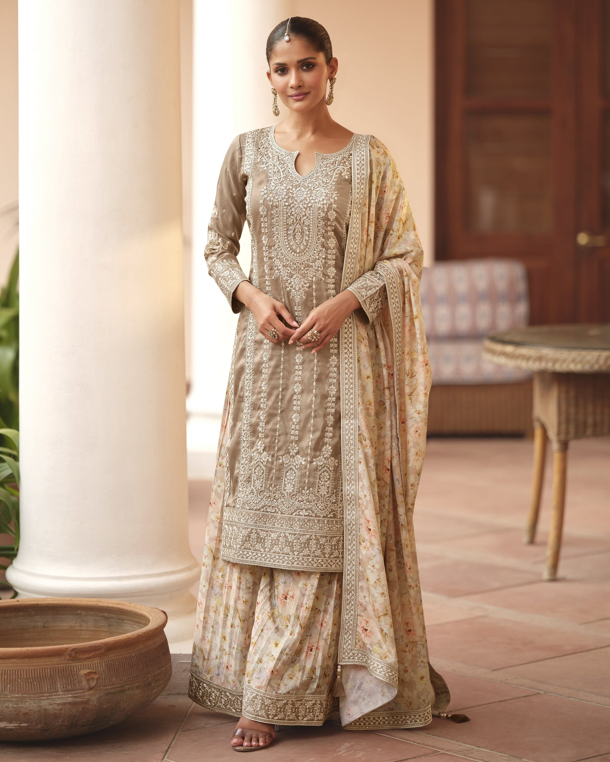 Beige Plazo Set Simar Silk Top & Dupatta for Wedding & Festive Wear Dress of India Beige Plazo Set Simar Silk Top & Dupatta for Wedding & Festive Wear Dress of India