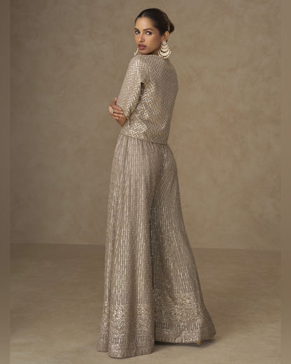 Woman wearing a metallic silver outfit against a brown background