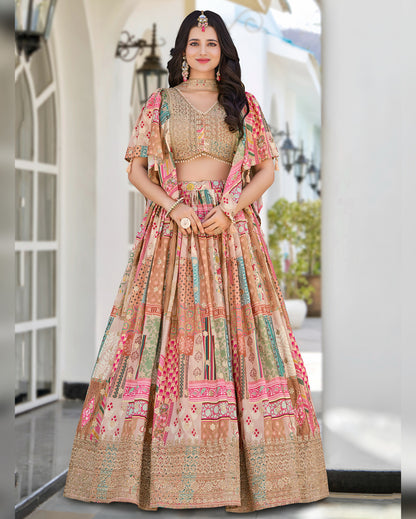 Woman wearing a traditional multicolored lehenga with a matching blouse in an outdoor setting.