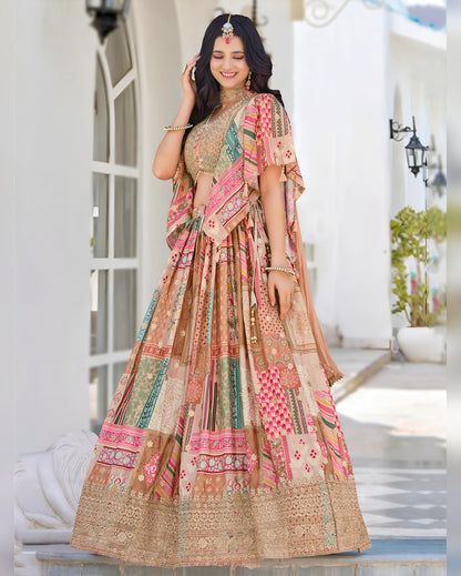 Woman wearing a colorful traditional outfit with a patterned dress and dupatta in an outdoor setting.