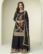 Black Chinon Silk Top With Plazo Suit For Indian & Pakistani Wedding Festival occasion - Thread & Sequence Embroidery
