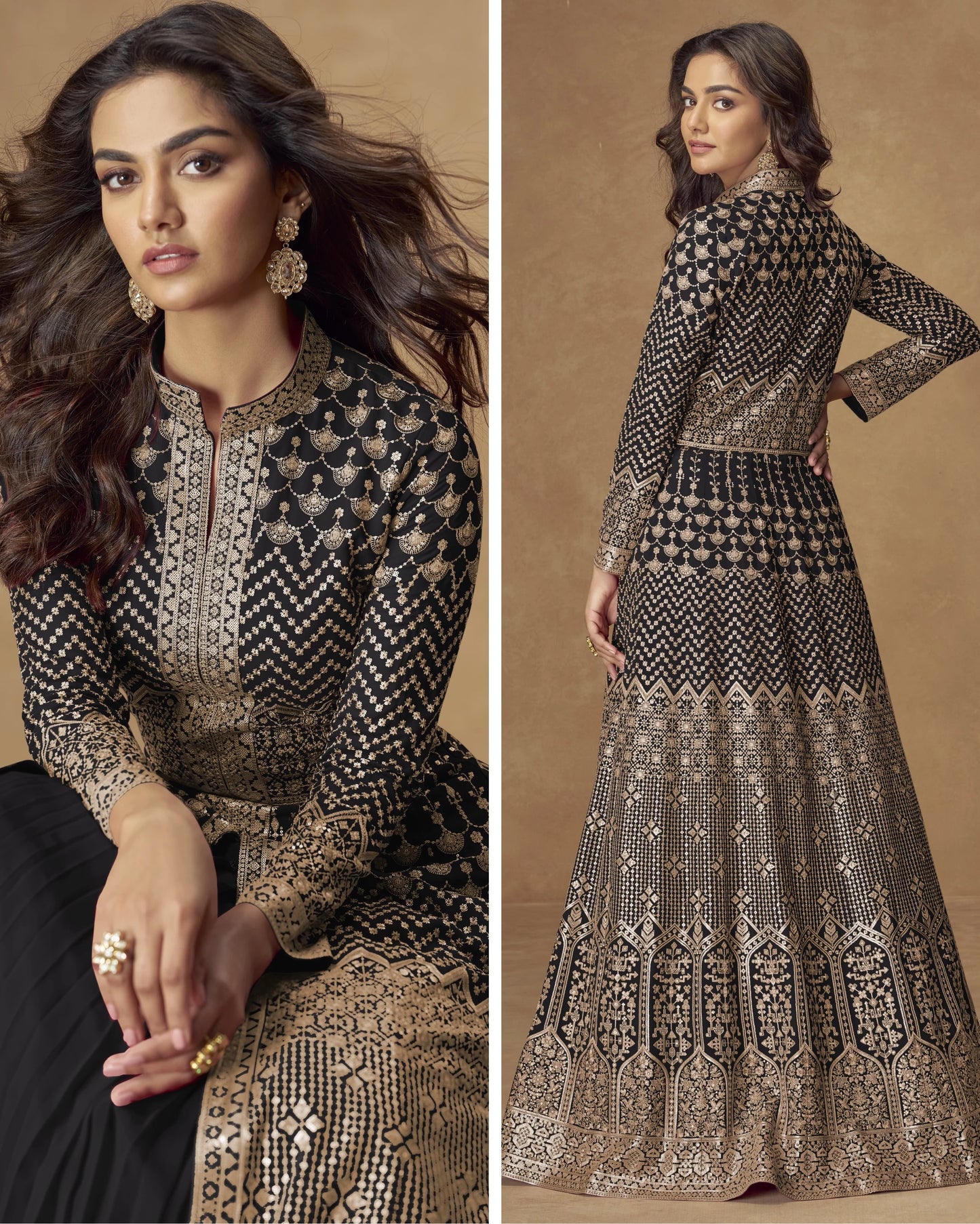 Woman wearing a black and gold patterned dress against a beige background