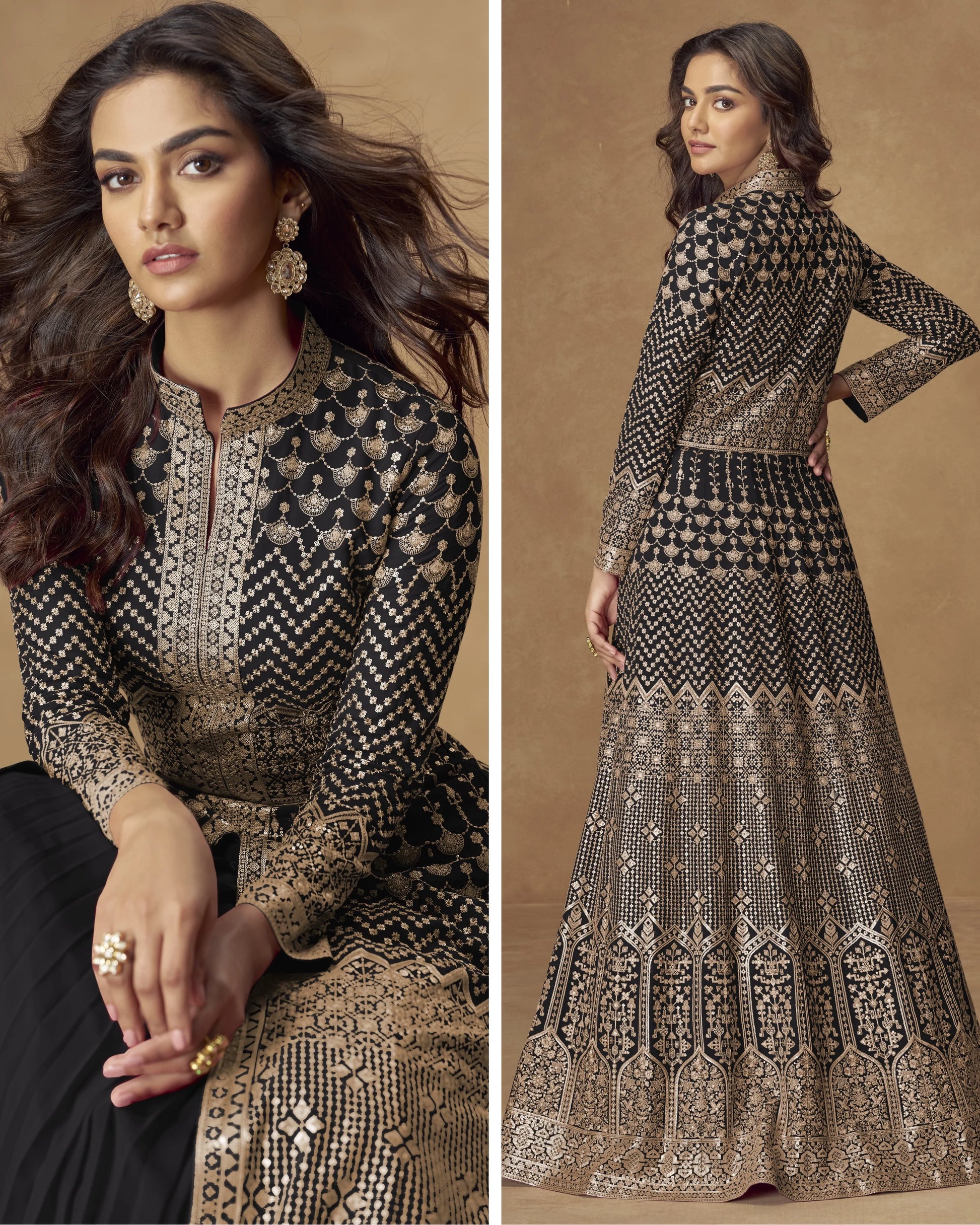 Woman wearing a black and gold patterned dress against a beige background