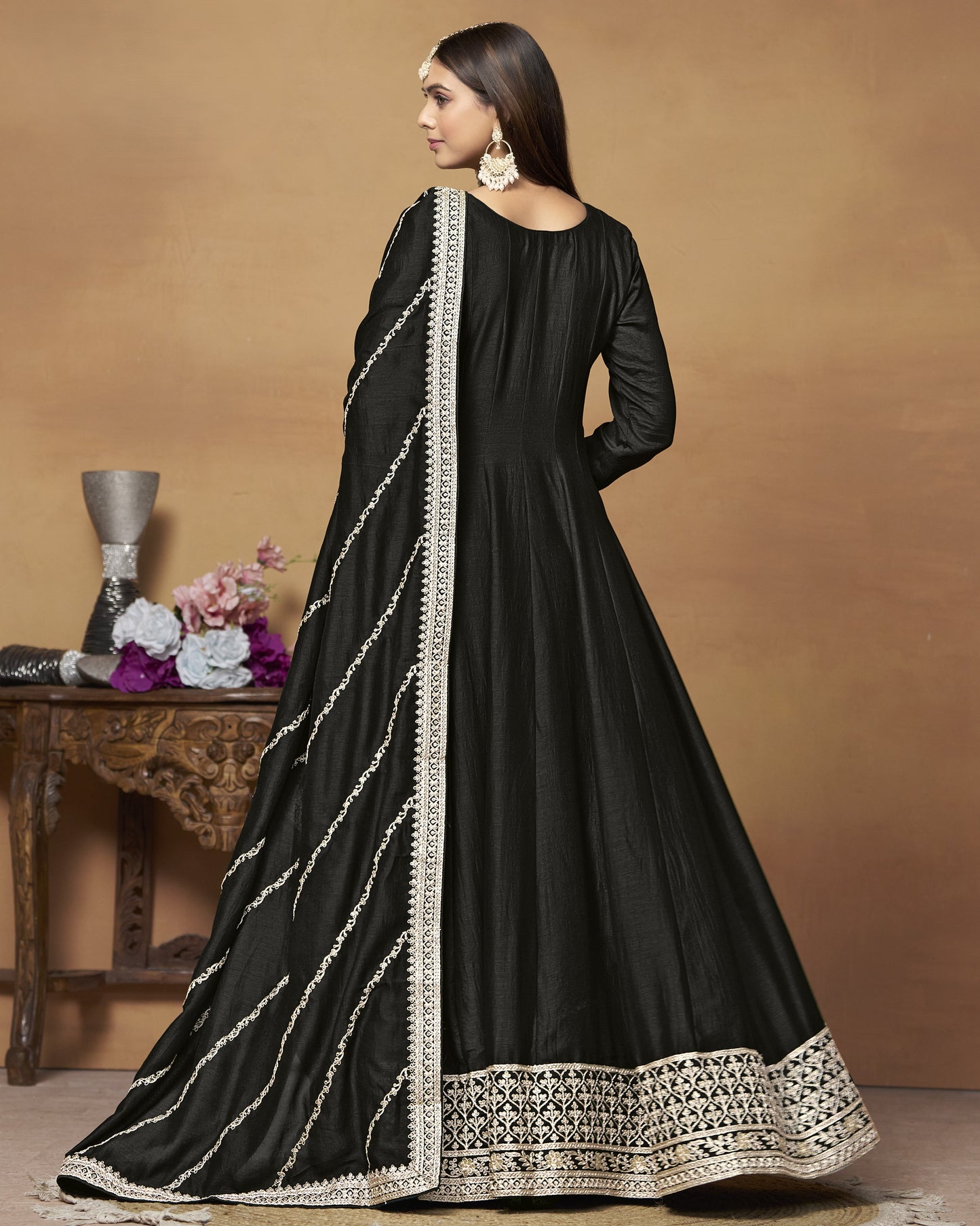 Black Silk Anarkali Suit With Dupatta For Indian & Pakistani Wedding Festival - Dori Thread Sequence Work