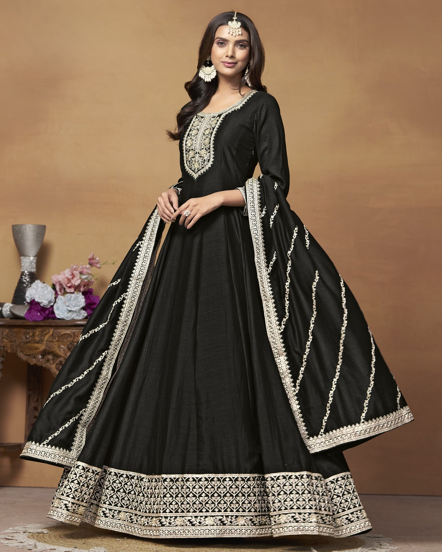 Black Silk Anarkali Suit With Dupatta For Indian & Pakistani Wedding Festival - Dori Thread Sequence Work