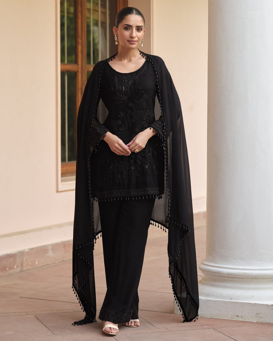 Black Georgette Salwar Suit With Kameez & Dupatta For Indian & Pakistani Wedding Festival - Moti Thread Work
