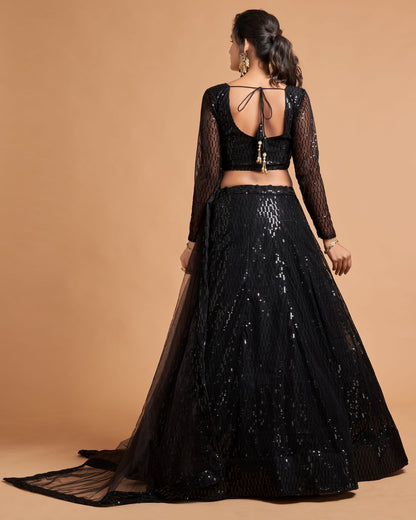 Black embroidered lehenga with sheer sleeves on a beige background