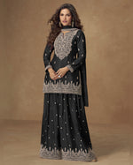 Black Chinon Silk Plazo With Top & Dupatta For Indian & Pakistani Wedding Festival - Dori Thread Work
