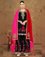 Black Chinon Silk Plazo With Top & Dupatta For Indian & Pakistani Wedding Festival - Embroidery Lace & Mirror Work
