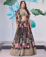 Black Chinnon Silk Lehenga With Blouse & Dupatta For Indian & Pakistani Wedding Festival - Digital Print with Zari Dori Embroidery work