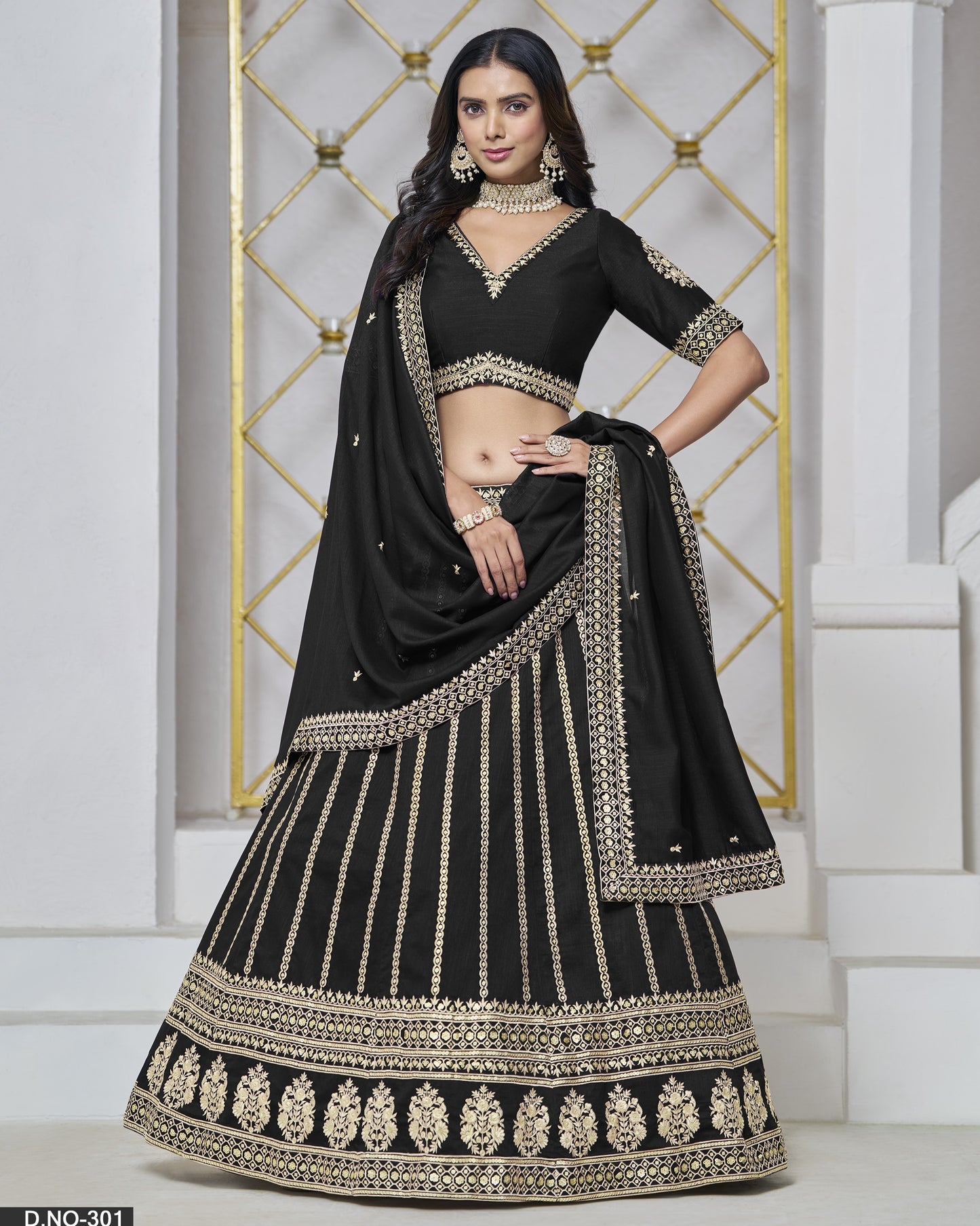 Black Silk Lehenga Choli With Blouse & Dupatta For Indian & Pakistani Wedding Festival - Thread & Sequins Embroidery Work