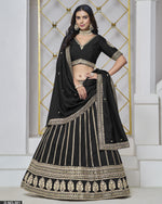 Black Silk Lehenga Choli With Blouse & Dupatta For Indian & Pakistani Wedding Festival - Thread & Sequins Embroidery Work