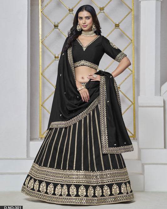 Black Silk Lehenga Choli With Blouse & Dupatta For Indian & Pakistani Wedding Festival - Thread & Sequins Embroidery Work