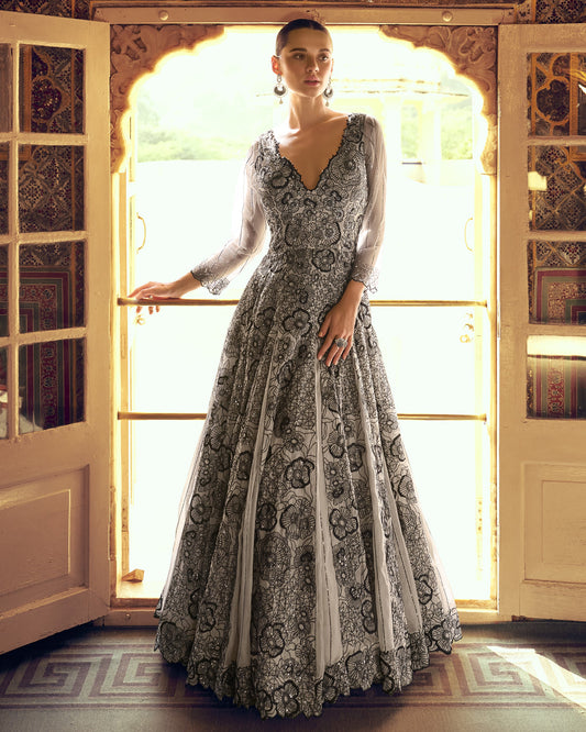 Black & White Simmer Jacquard Anarkali Suit For Indian & Pakistani Wedding Festival Season - Thread & Sequence Embroidery Work