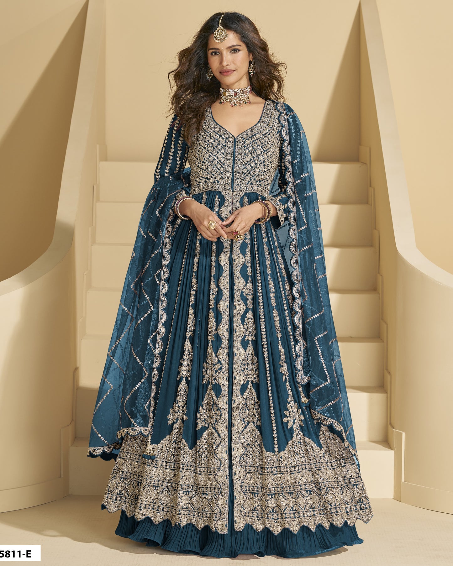 Blue Chinon Silk Anarkali Suit With Skirt & Dupatta For Indian & Pakistani Wedding Festival - Mirror & Dori With Thread & Sequence Work