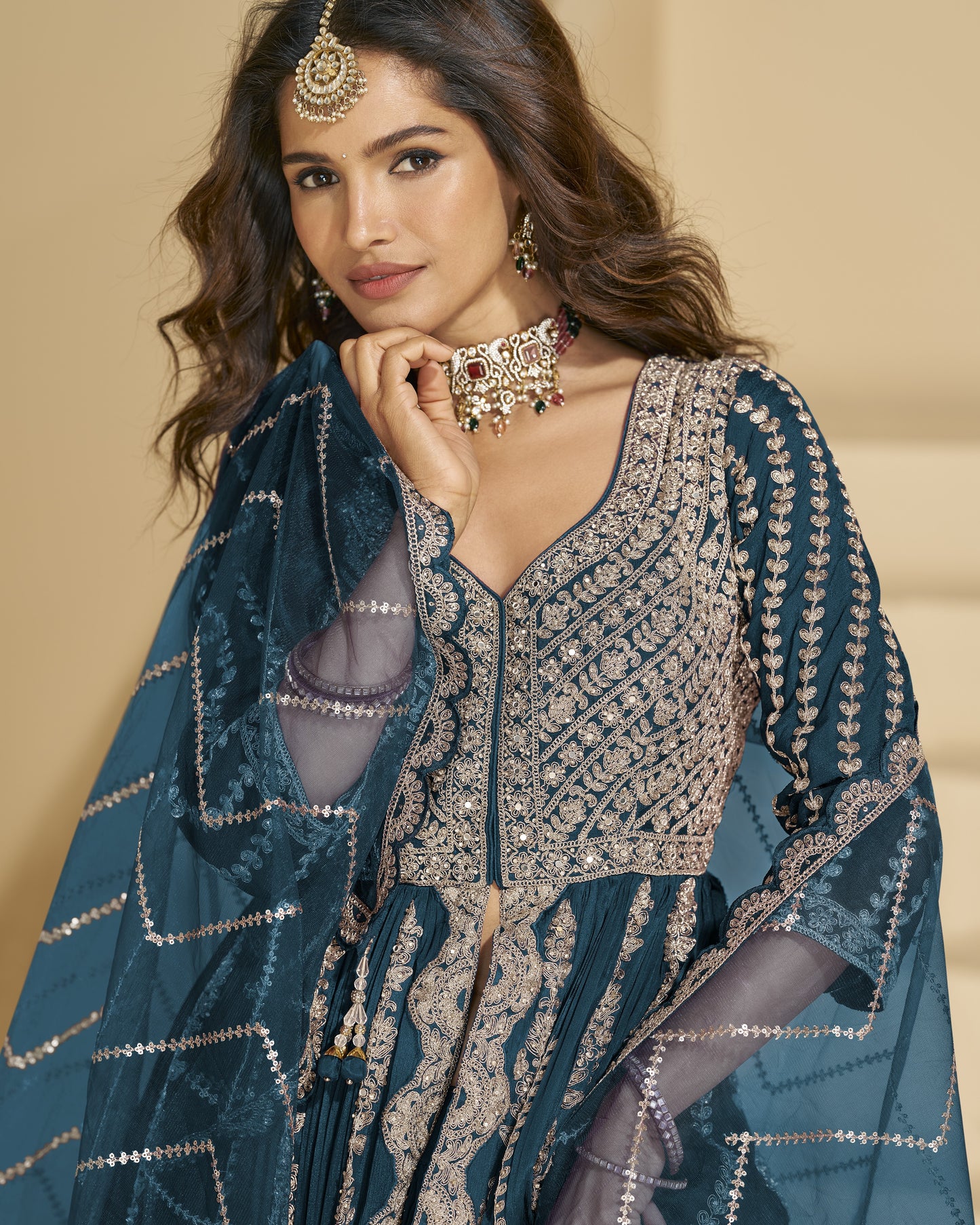 Blue Chinon Silk Anarkali Suit With Skirt & Dupatta For Indian & Pakistani Wedding Festival - Mirror & Dori With Thread & Sequence Work