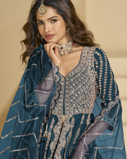 Blue Chinon Silk Anarkali Suit With Skirt & Dupatta For Indian & Pakistani Wedding Festival - Mirror & Dori With Thread & Sequence Work