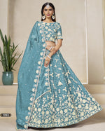 Blue Crush Organza Lehenga Choli With Blouse & Dupatta For Indian & Pakistani Wedding Festival - Thread & Sequins Embroidery Work