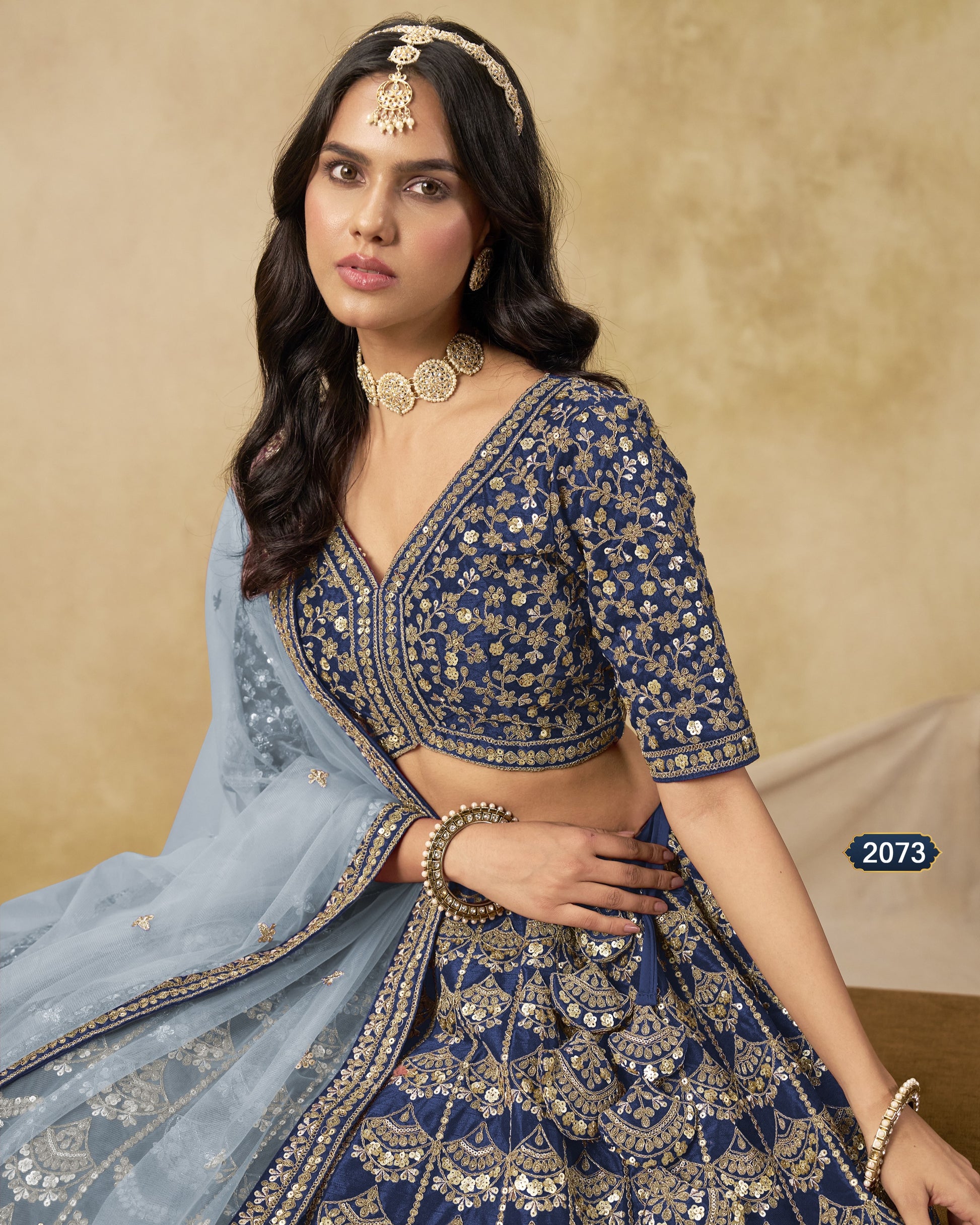 Woman wearing a traditional blue and gold embroidered outfit with a beige background