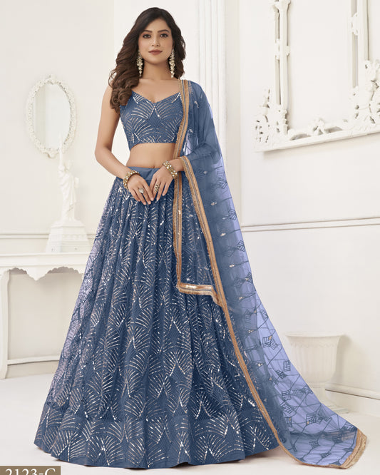 Blue Net Lehenga Choli With Blouse & Dupatta For Indian & Pakistani Wedding Festivals - Mirror With Thread & Sequence Embroidery Work