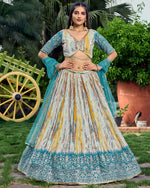 Blue Chinon Lehenga With Blouse & Dupatta For Indian & Pakistani Wedding Festival - Sequins, Zari Embroidery Work with Digital Print