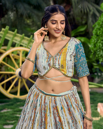 Woman in a colorful traditional outfit with a blurred background