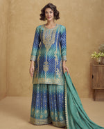 Blue Chinon Silk Plazo With Kameez & Dupatta For Indian & Pakistani Wedding Festival - Dori With Thread & Sequence Embroidery Work