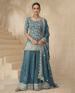 Blue Shimmer Silk Plazo Suit For Indian & Pakistani Wedding occasion - Thread & Sequence Embroidery