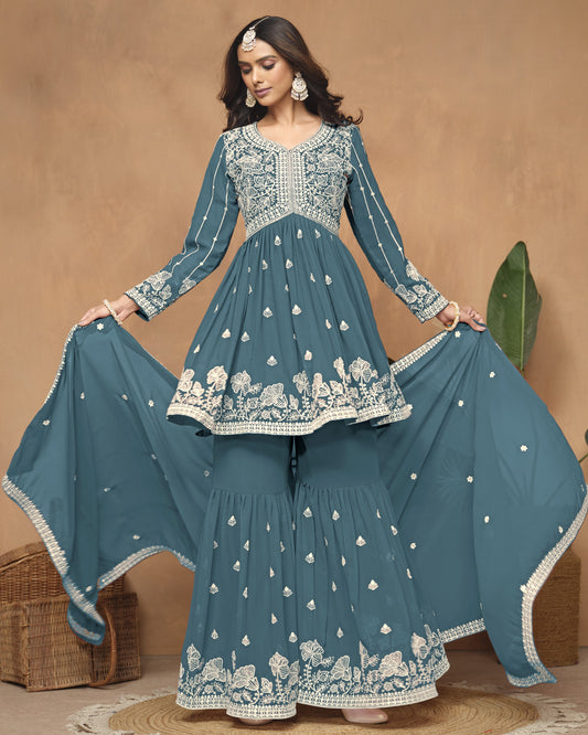 Blue Faux Georgette Sharara Suit With Kameez And Dupatta For Indian & Pakistani Wedding Festival - Thread Sequence Work